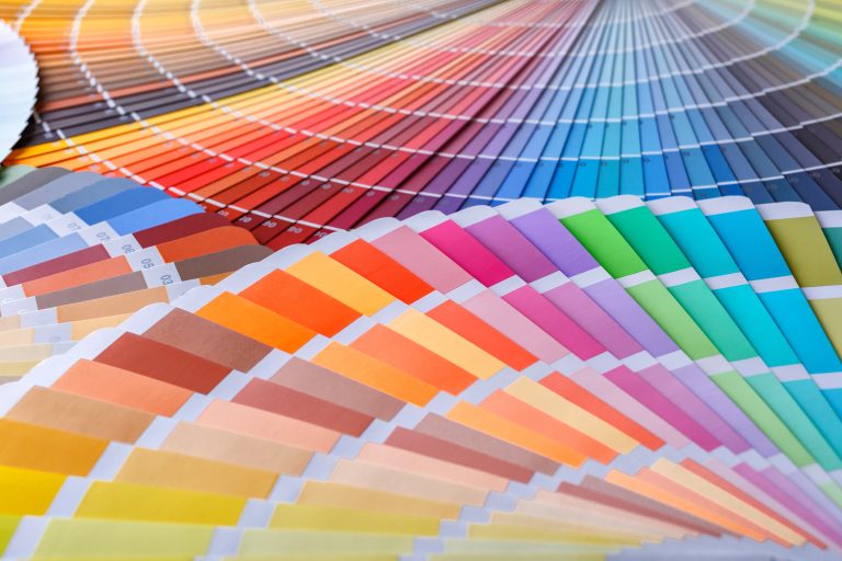 Paint color palettes laid out together.